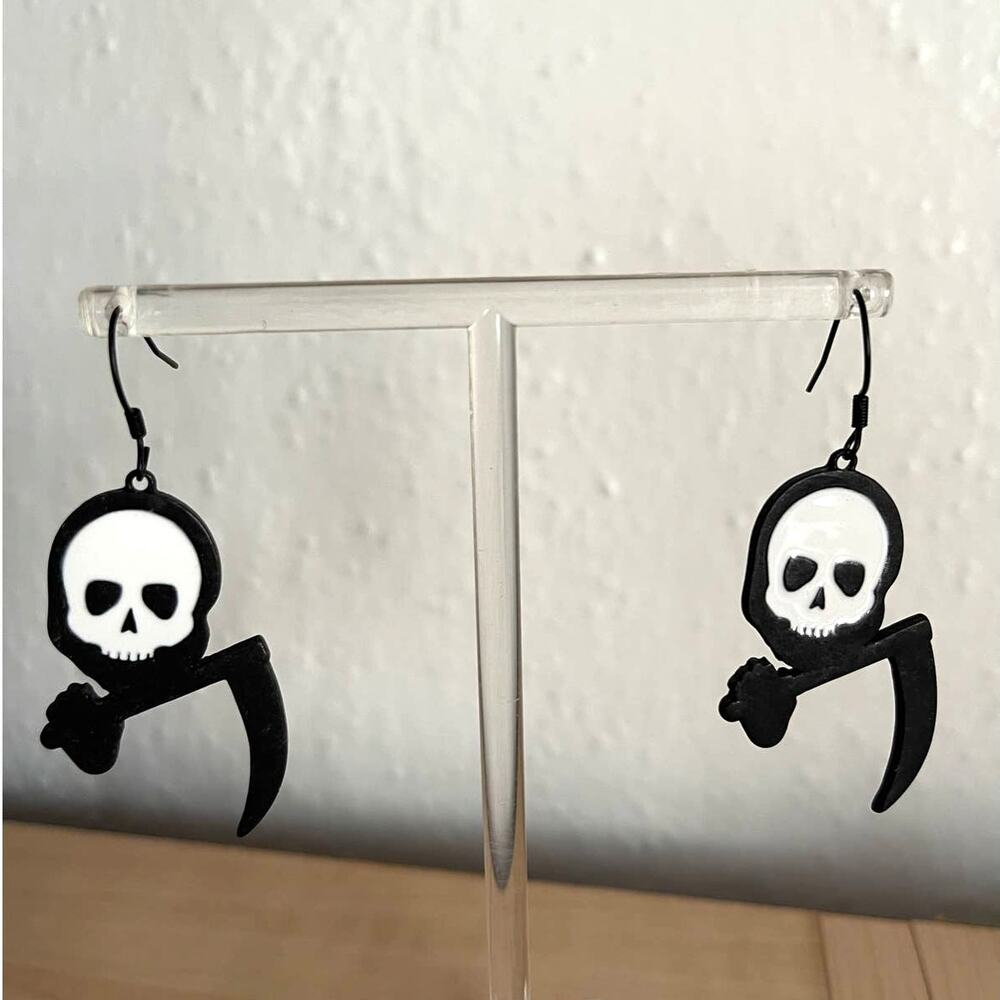 Grim Reaper Scythe Dangle Earrings Goth Spooky Halloween Skull Jewelry